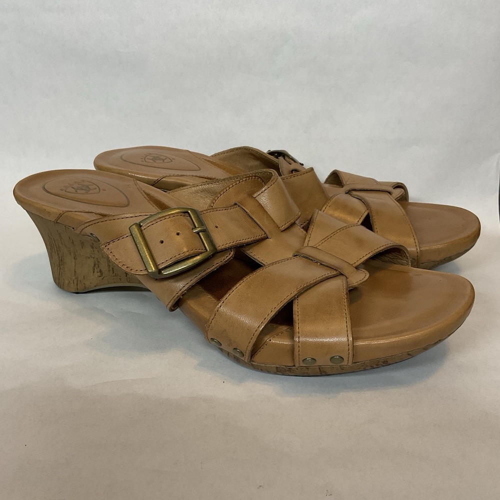 Ariat Portofino Slide Leather Sandals Womens Size 9,5 B Western Tan Studded